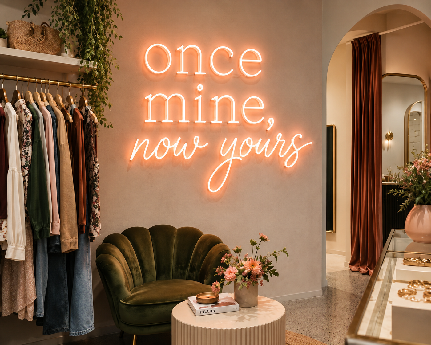 Once Mine, Now Yours neon sign in boutique